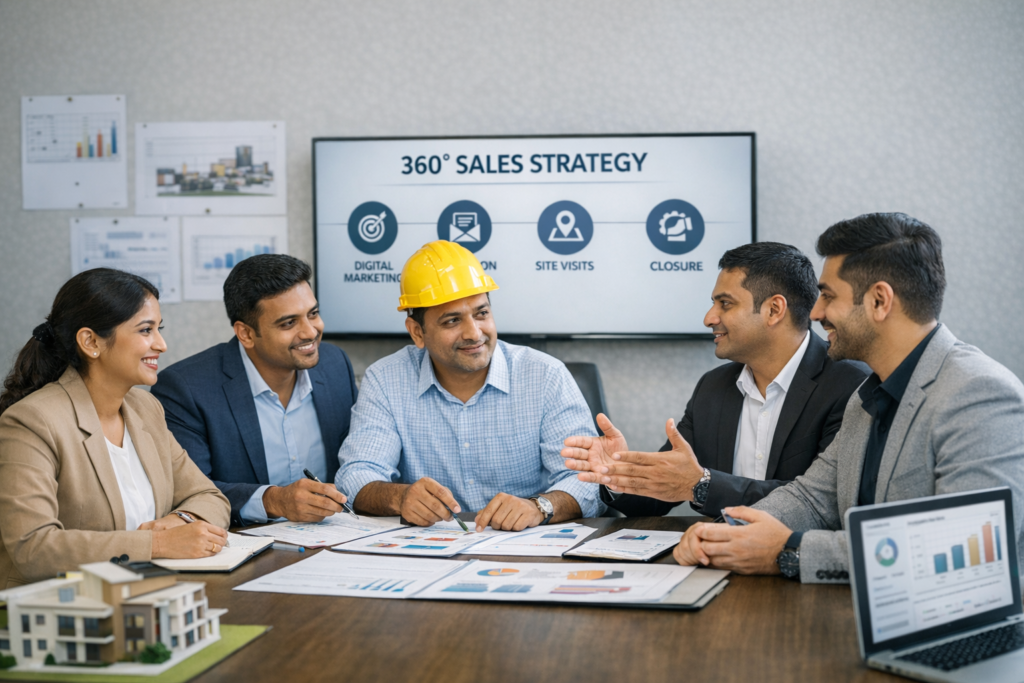 Professional sales team discussion with builder