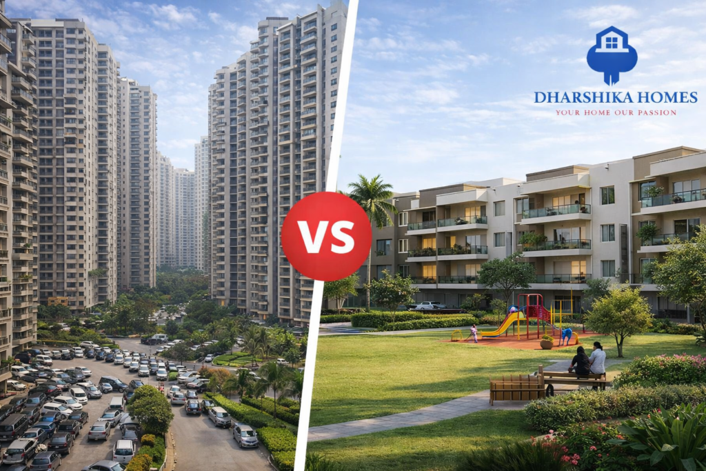 Comparison-style image: crowded tower vs calm low-rise